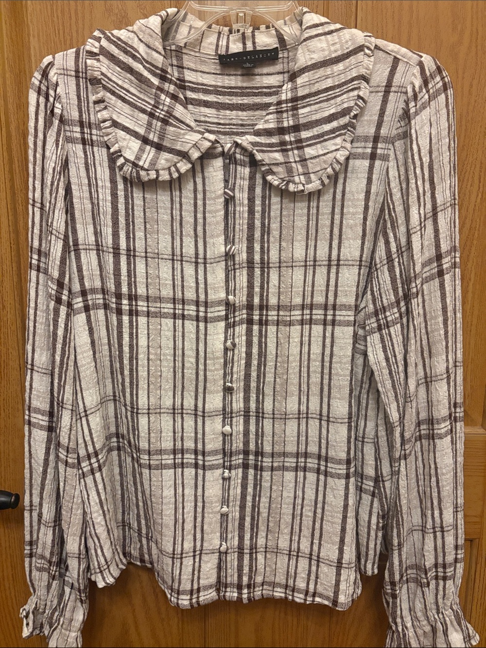 Plaid Button-Front Women’s Top in Cream and Brown